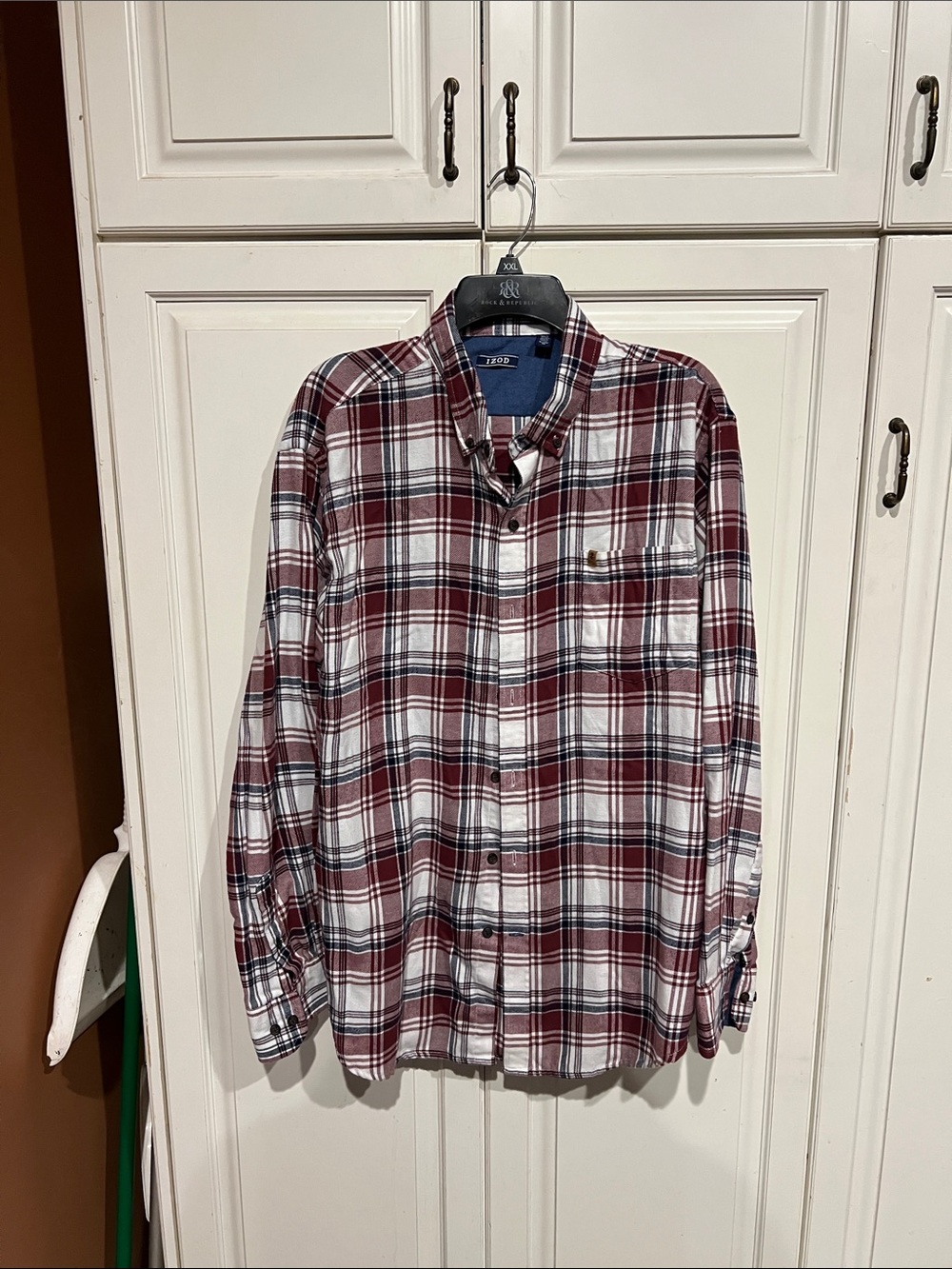 Izod Woman’s  Burgundy and White Plaid Button-Down Shirt